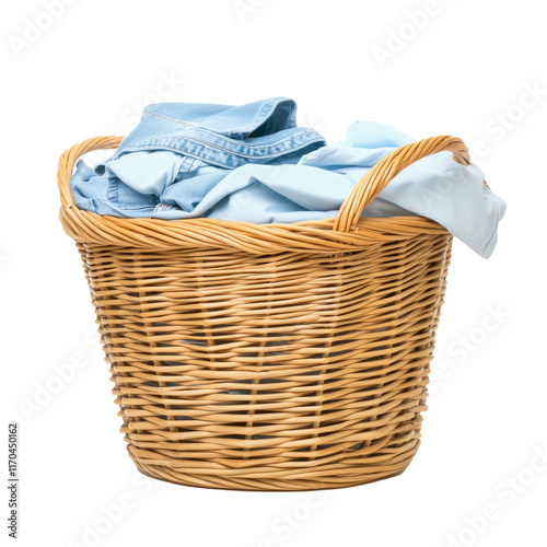 Laundry basket clean clothes cleaning chores housework, clean clothes and Wicker basket with clean laundry isolated on white background