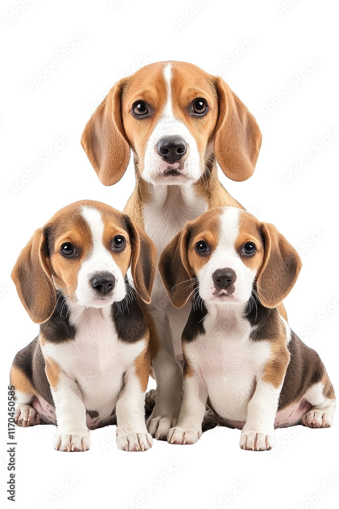 A family of Beagles, isolate on white background, showcasing their joyful interactions and fluffy appearances. cutout png A family of Beagles, isolate on white background, showcasing their joyful interactions and fluffy appearances. cutout png