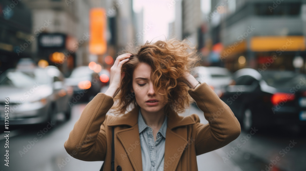 Fototapeta premium Stressed Businesswoman in a Crowded City Street, Overwhelmed by Urban Life. Life coaching or stress management workshops. Mental health counseling services. 