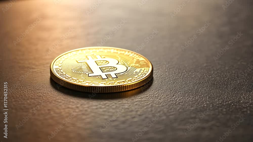 Gold Bitcoin Coin on Matte Black Surface with Reflections and Shadows Gold Bitcoin Coin on Matte Black Surface with Reflections and Shadows