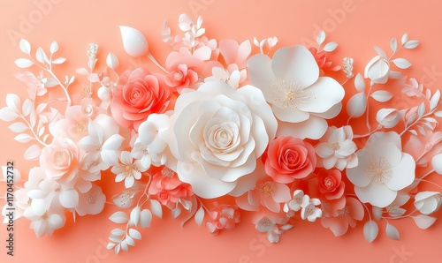 Paper Flower Arrangement: Delicate and intricate paper flowers in soft hues of white and peach create a stunning floral display against a warm coral background.