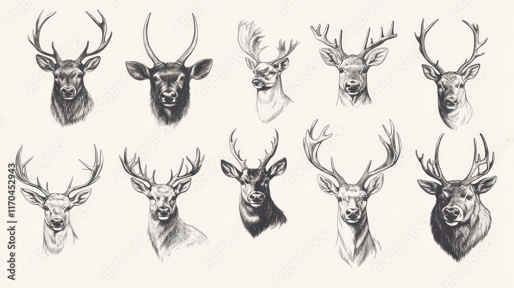 Animal isolated sketch set of african and forest mammal animal. Elephant, bear, deer, grizzly, elk, reindeer, antelope, moose and roe deer head vector symbol for hunting sport, zoo and nature design. Animal isolated sketch set of african and forest mammal animal. Elephant, bear, deer, grizzly, elk, reindeer, antelope, moose and roe deer head vector symbol for hunting sport, zoo and nature design.
