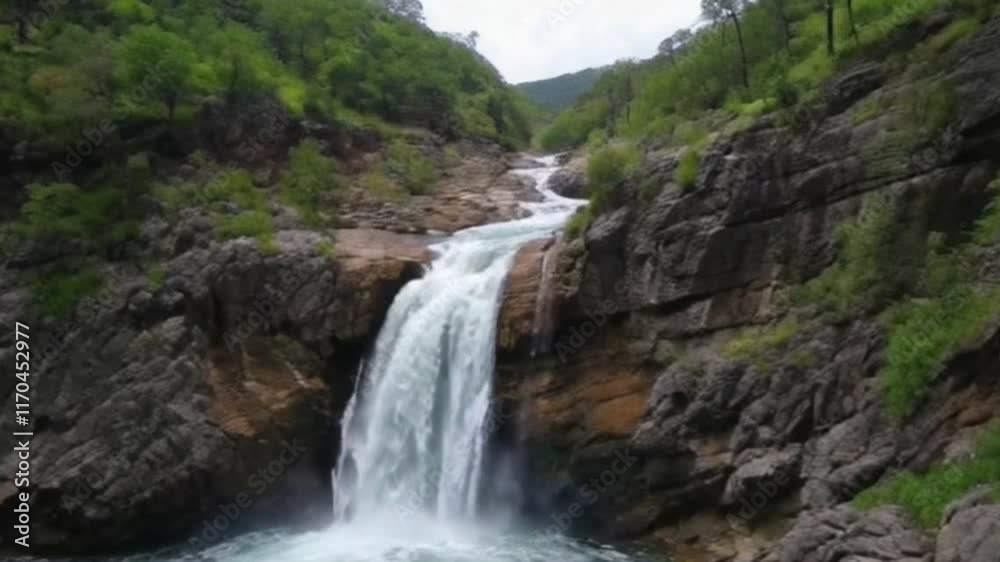 Powerful Waterfall Flowing Through a Rocky Canyon Surrounded by Nature Powerful Waterfall Flowing Through a Rocky Canyon Surrounded by Nature