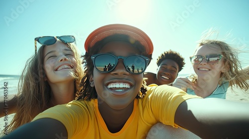 Happy friends selfie, sunny beach, summer fun.