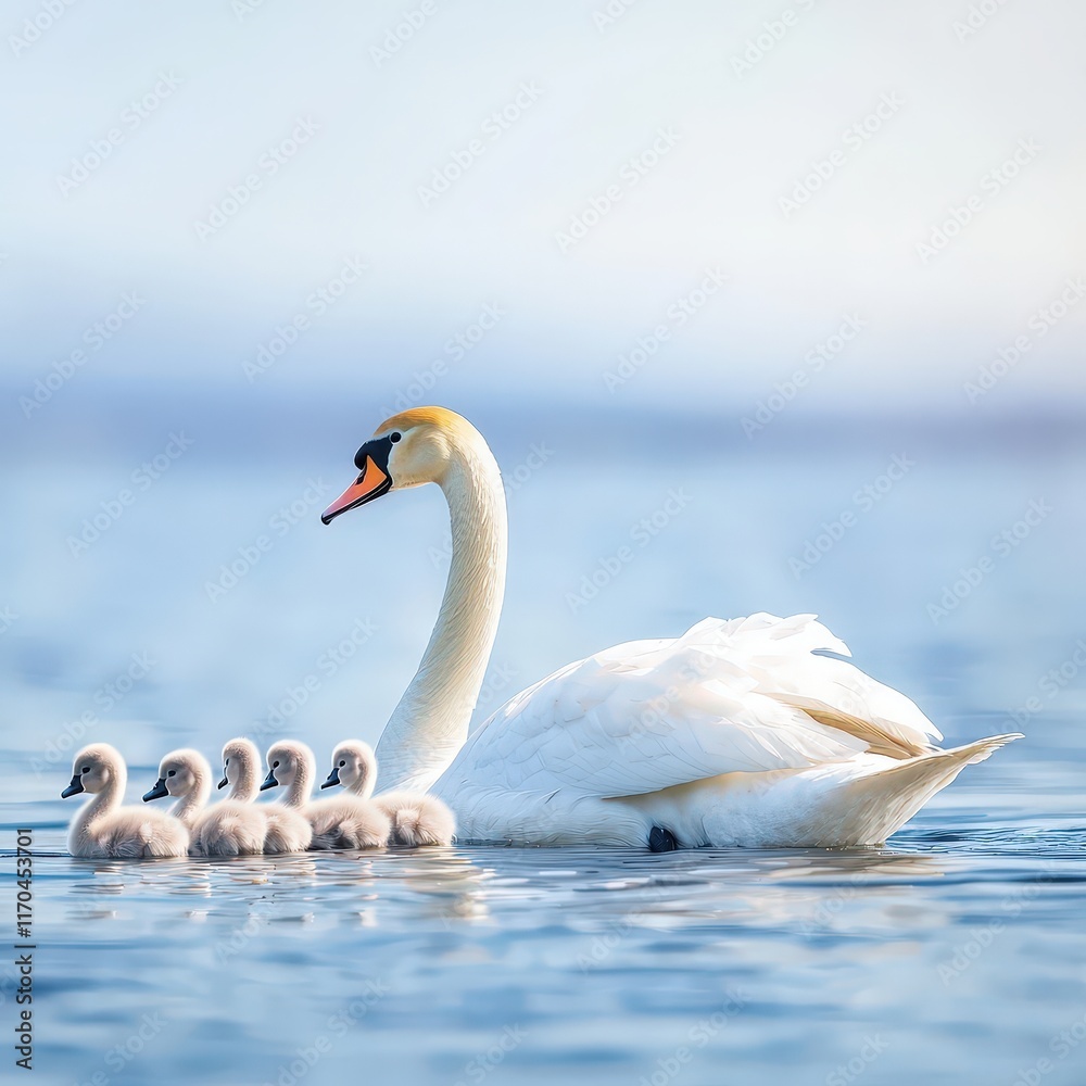 Fototapeta premium A swan cleaning her cygnets under her wing.