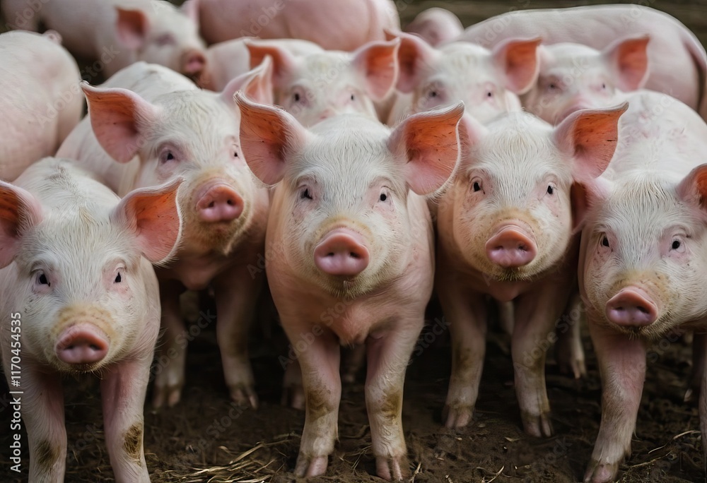 A herd of pigs standing together and looking at the camera A herd of pigs standing together and looking at the camera