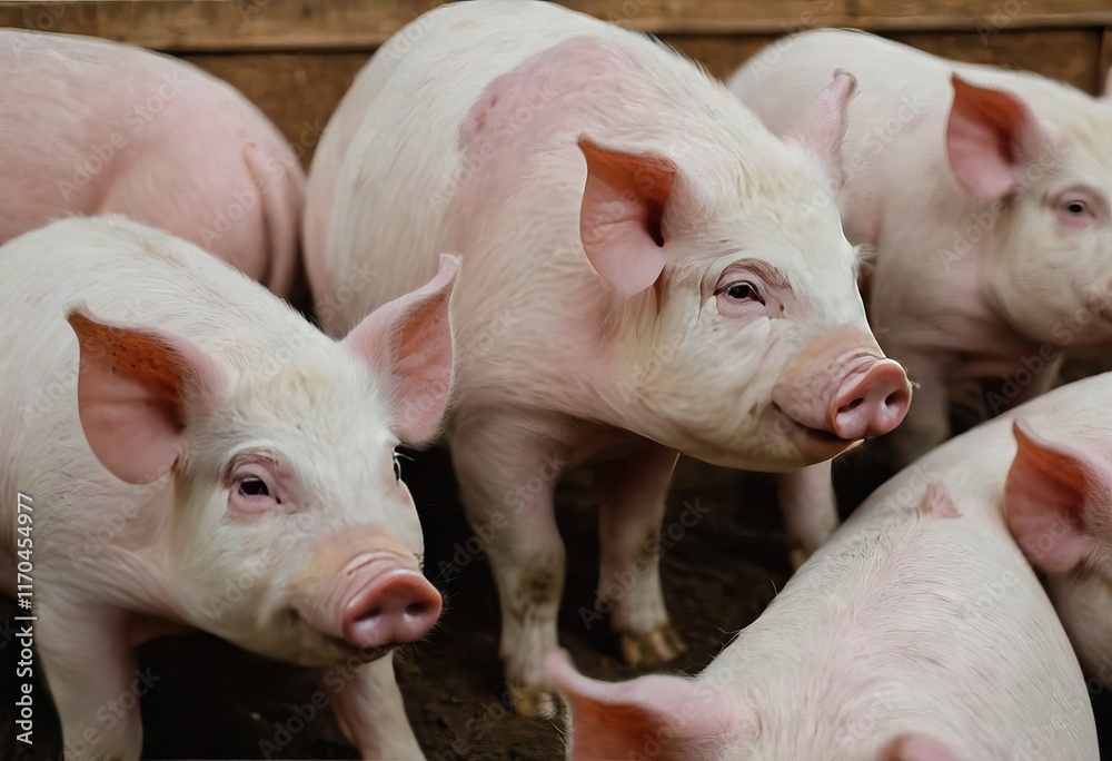 A herd of pigs standing together and looking at the camera
