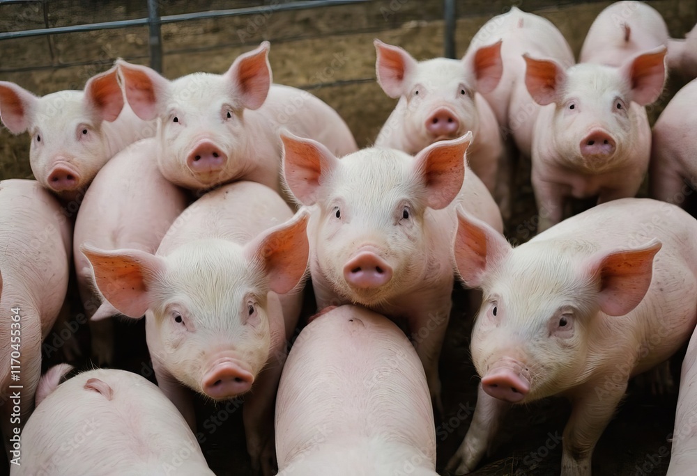 A herd of pigs standing together and looking at the camera A herd of pigs standing together and looking at the camera