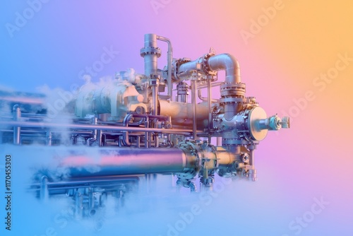 Industrial Pipe System with Steam and Gradient Background in Blue and Orange, Ideal for Technology, Engineering, and Manufacturing Themes in Stock Photography photo