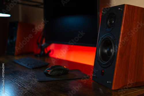 Desktop with speakers and monitor photo