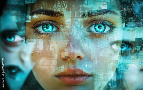 Womans face on a computer screen with multiple faces surrounding her, representing chaos, confusion, and overwhelming emotions, digital art concept photo