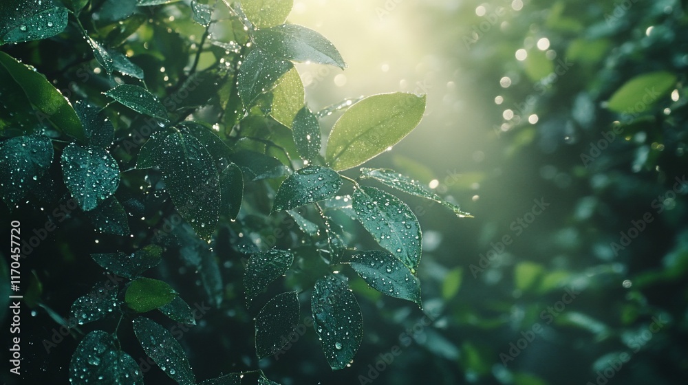 Fototapeta premium Dew-kissed leaves, sunrise garden, bokeh background, nature website