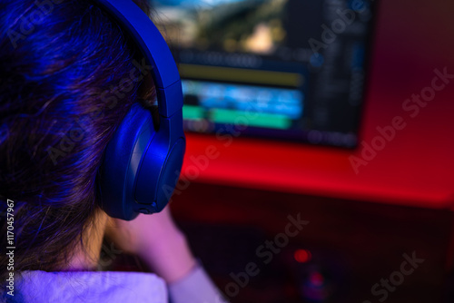 Girl sitting at desk with headphones in dark