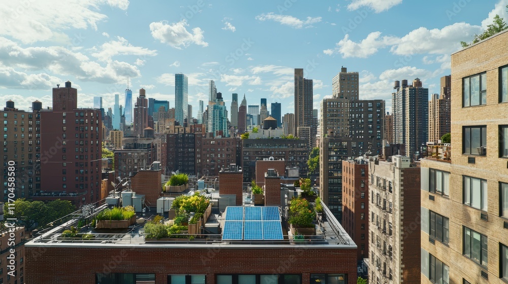 Naklejka premium Green Rooftop with Solar Panels Overlooking Manhattan Skyline