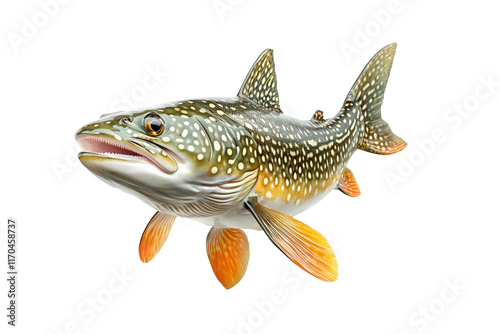 Detailed northern pike fish with spotted scales, fins and sharp jaw isolated on white transparent background, concept of aquatic life photo