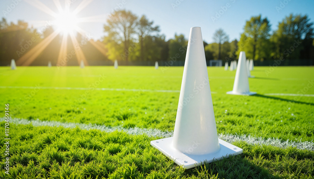 Fototapeta premium Football training cones on sunny green field