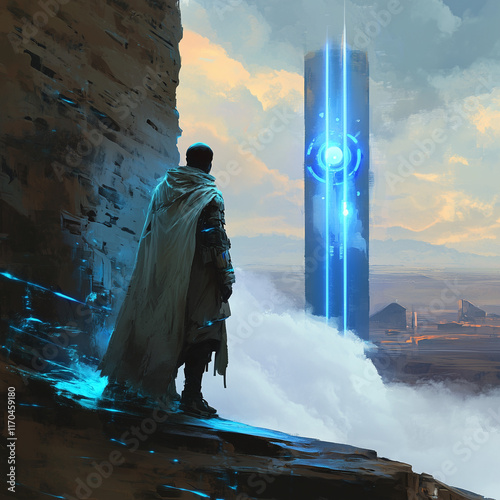 A game character standing on the edge of a mountain, surrounded by smoke, with a visible collectible item in the distance, creating a dramatic adventure scene