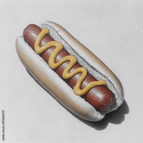 Detailed pencil sketch of a classic hot dog with mustard on a bun created in a realistic style photo