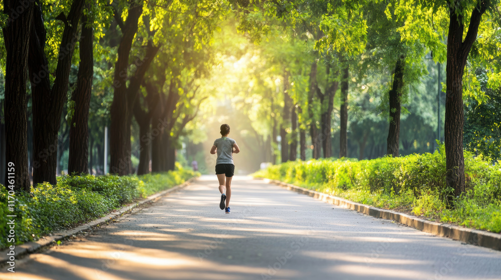 Person jogging in sunlit park surrounded by greenery, enjoying nature Person jogging in sunlit park surrounded by greenery, enjoying nature