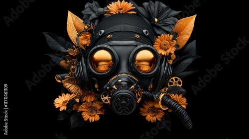 Dark Bloom: A gas mask adorned with gold and black flowers. Steampunk aesthetic. photo