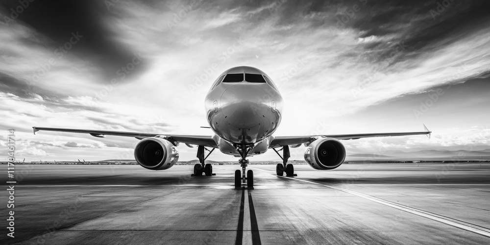 Fototapeta premium black and white front view of a commercial airplane on runway with dramatic cloudy sky, aviation and travel concept high-contrast photography