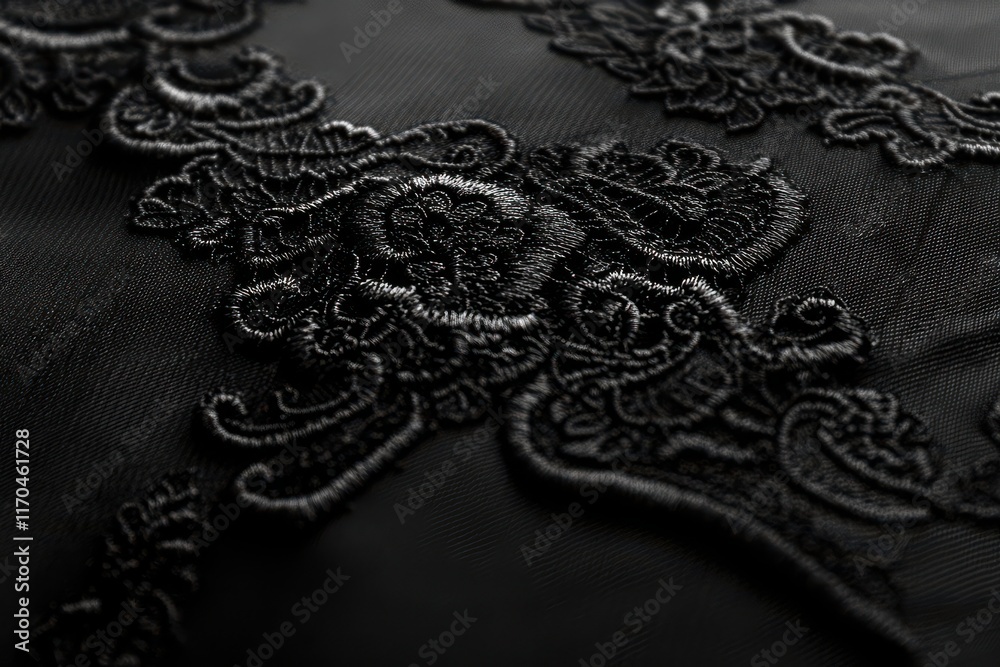 Obraz premium Close-up of delicate black lace embroidery on dark fabric. Intricate details and textures create a luxurious look.
