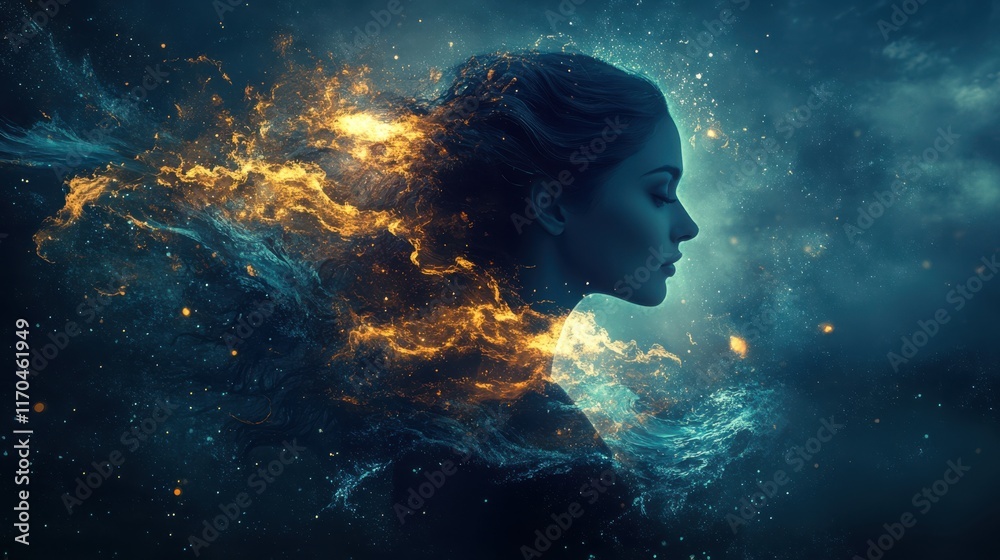 Visualization of a woman radiating with light and energy, surrounded by cosmic elements in a mystical atmosphere Visualization of a woman radiating with light and energy, surrounded by cosmic elements in a mystical atmosphere