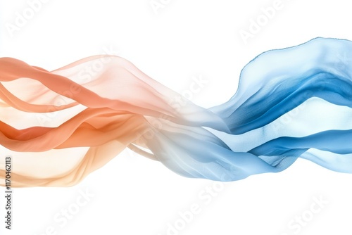 Flowing silk fabric in soft orange and blue shades intertwine beautifully against a clean white background creating an elegant and serene atmosphere for various design projects.