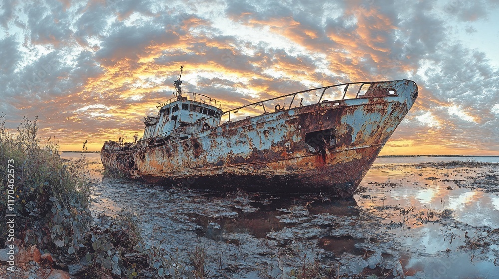 Rusty shipwreck sunset beach coast decay Rusty shipwreck sunset beach coast decay