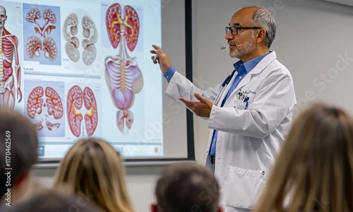 Doctor lectures anatomy, classroom, organ diagrams
