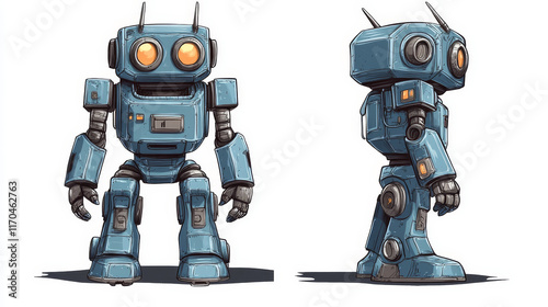 Cartoon groovy robot character stands confidently with hands on hips and playful expression. Isolated vector blue futuristic humanoid figure, robotics droid machine retro personage embodies technology