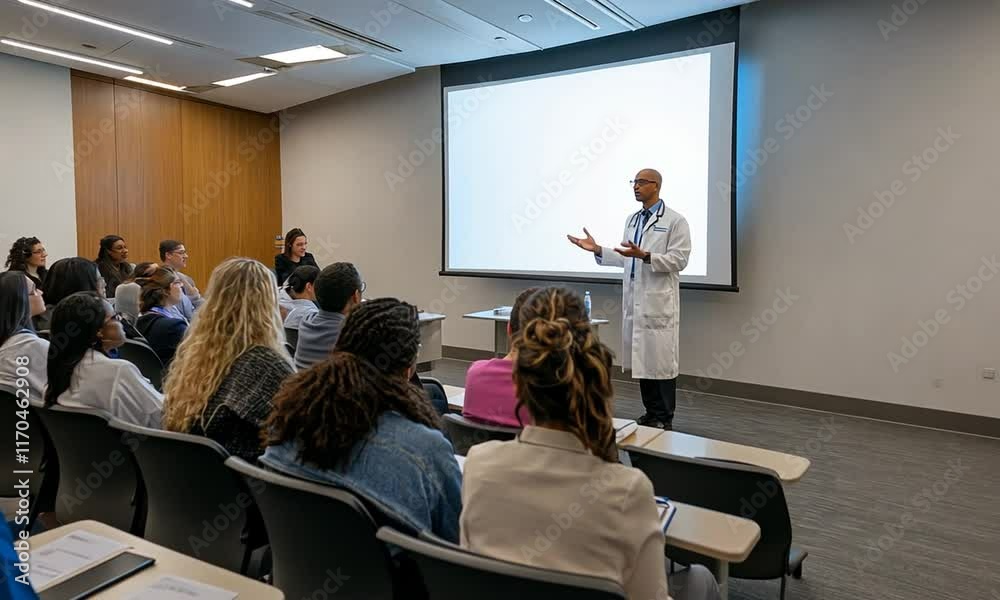 Doctor lectures medical students in classroom