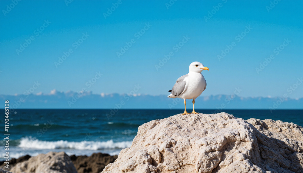 Seagull standing on a rock by the ocean Seagull standing on a rock by the ocean