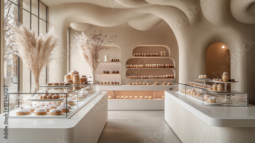 Modern bakery interior with pastries displayed in glass cases.
