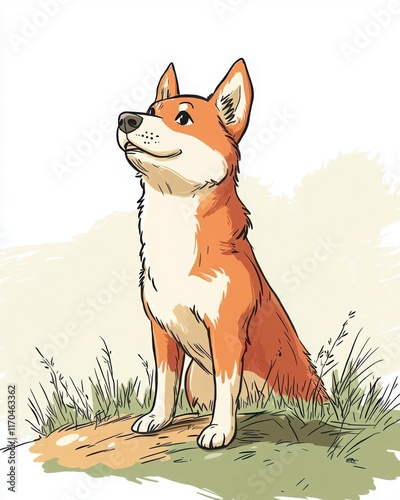 Akita cartoon drawing, looking proud while standing on a small hill with a clear, bright sky photo