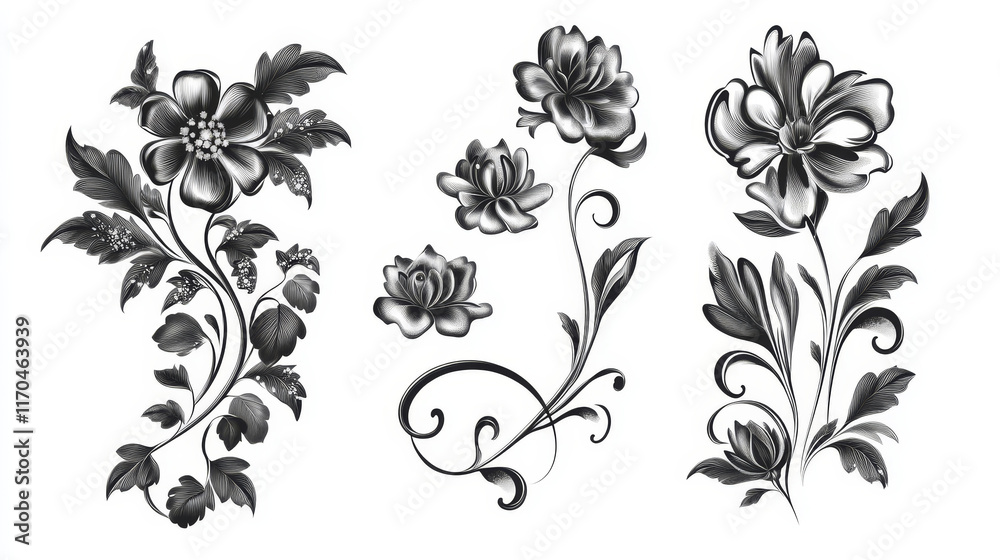 Black damask flower blossoms and patterns set isolated on white background for design and ornate Black damask flower blossoms and patterns set isolated on white background for design and ornate