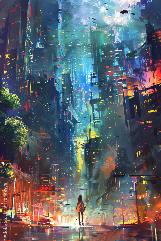 Obraz premium Capture a surreal dreamscape blending utopian visions and impressionistic elements in a side view perspective, utilizing unexpected camera angles Emphasize vibrant colors and soft brush strokes in an