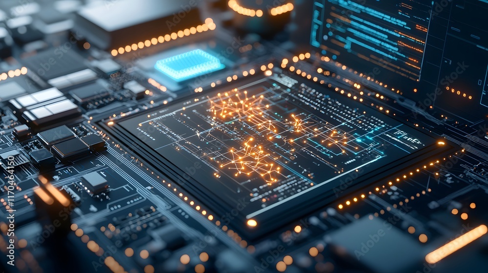 Fototapeta premium Seamless of Quantum and Cloud Computing with Futuristic Interface and Dynamic Data Flow Featuring glowing qubit pathways and copy space on the left for added versatility
