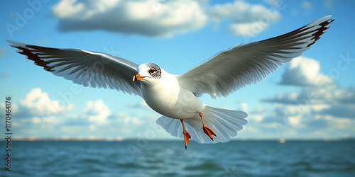 A white seagull with black wingtips soars through a blue sky with white clouds. photo