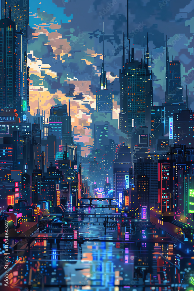 Obraz premium Capture the essence of Impressionism merging with a futuristic cityscape background Use pixel art technique to showcase the union of past and future