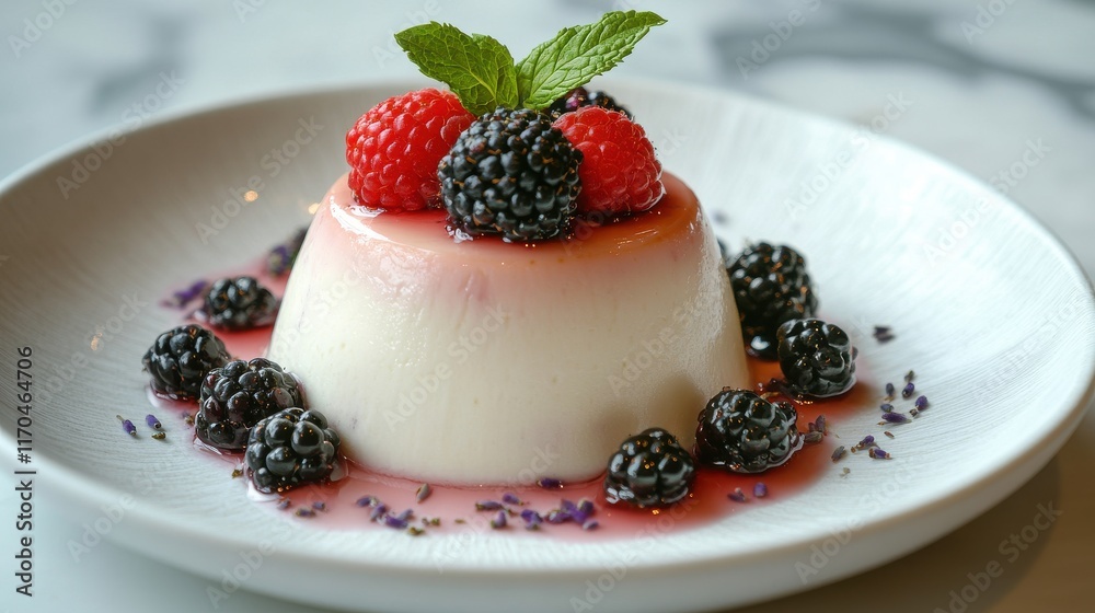 Lavender panna cotta with fresh berries and mint sprig Lavender panna cotta with fresh berries and mint sprig