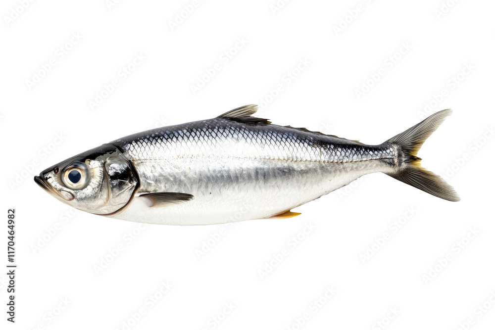 Fresh sardine fish with detailed scales and fins isolated on white transparent background, symbolizing canned seafood Fresh sardine fish with detailed scales and fins isolated on white transparent background, symbolizing canned seafood
