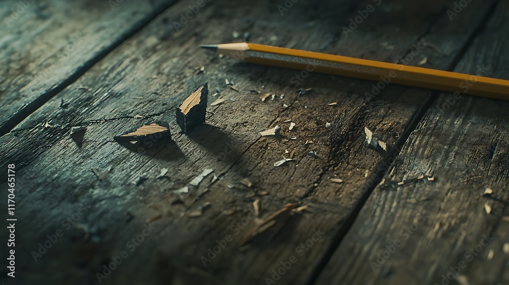 A pencil is laying on a wooden surface with a broken tip A pencil is laying on a wooden surface with a broken tip