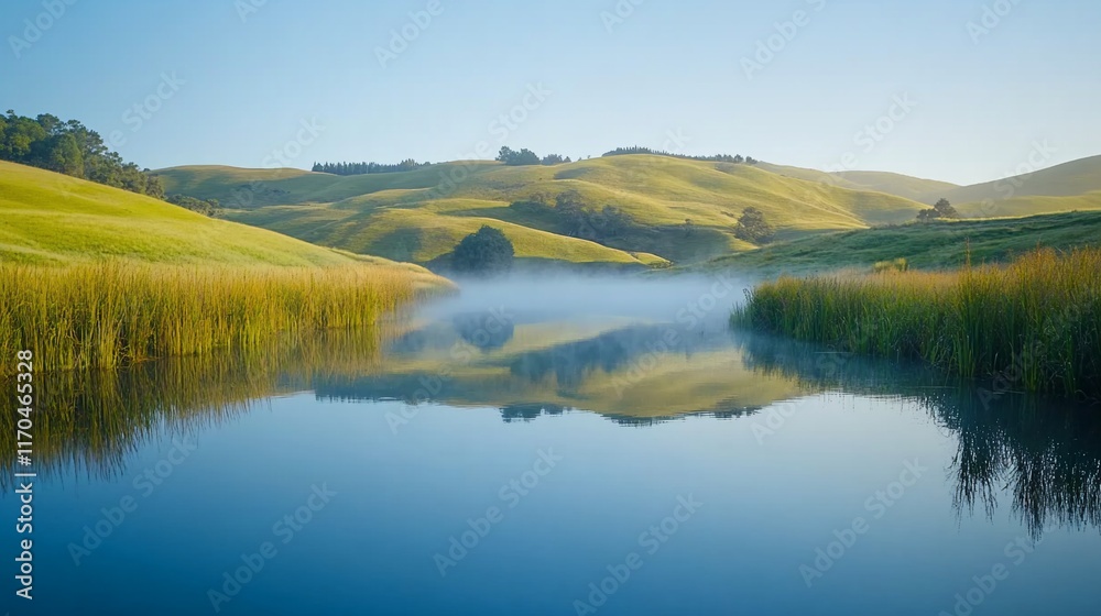 Serene morning mist over tranquil valley lake Serene morning mist over tranquil valley lake