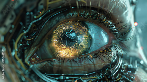 Capture the intricate details of a cyborgs eye, merging futuristic technology with organic elements in a macro photograph, portraying a personal and emotional backstory Utilize digital rendering techn photo