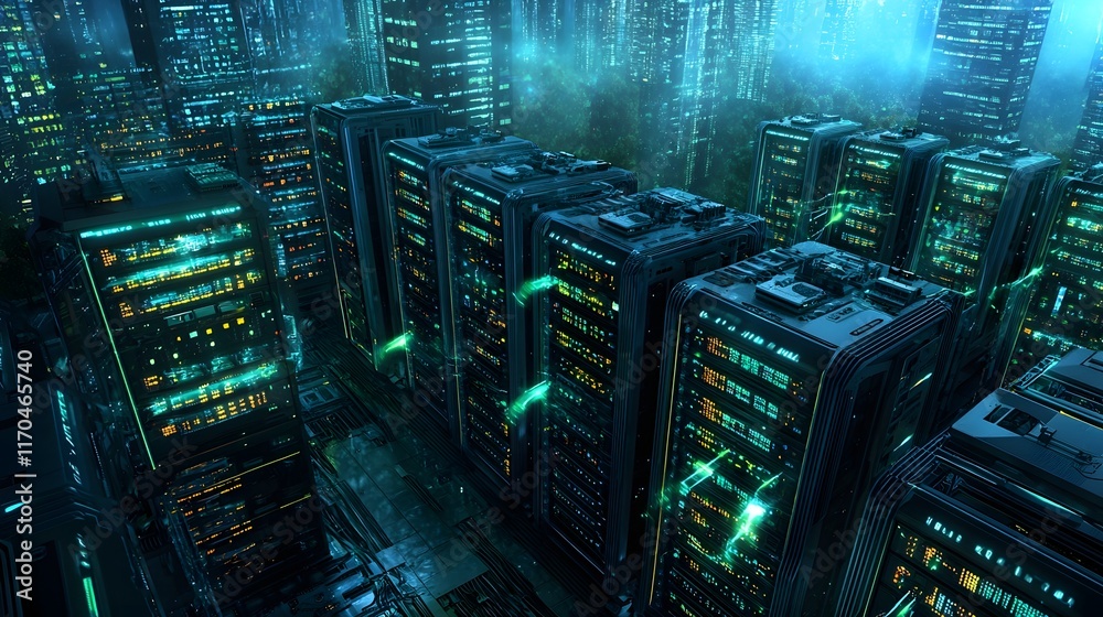 Fototapeta premium A futuristic data center with quantum computing servers emitting glowing blue and green lights surrounded by holographic data streams
