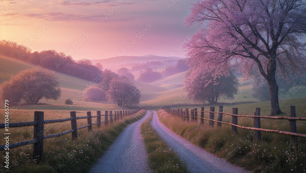 Fototapeta premium Gravel road leading through blooming fields at sunrise in spring