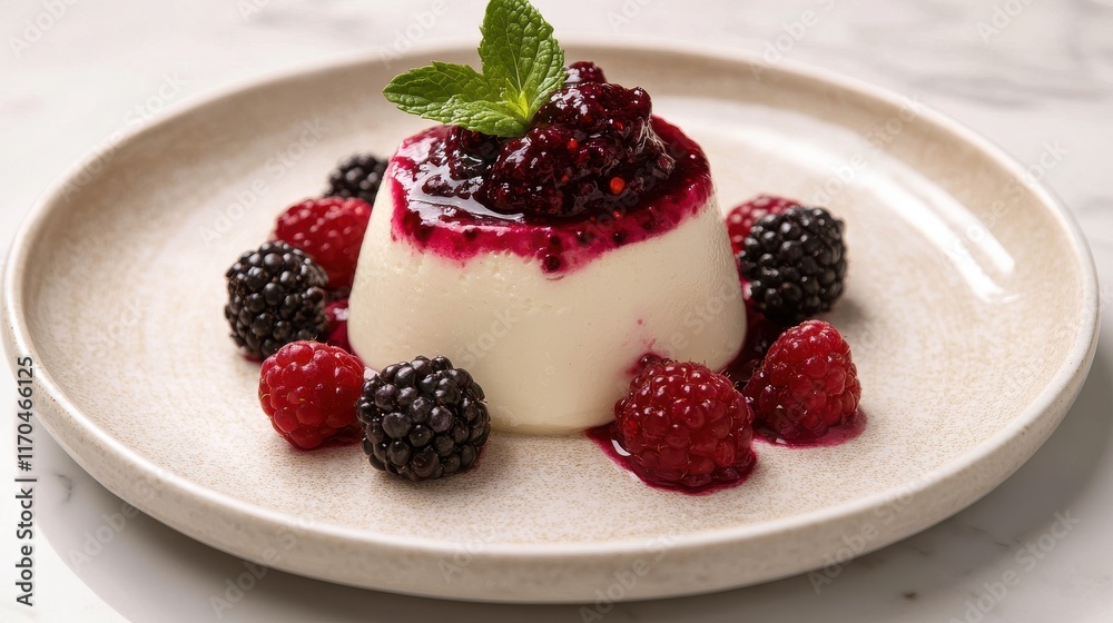 Panna cotta with berry coulis and mint leaves Panna cotta with berry coulis and mint leaves