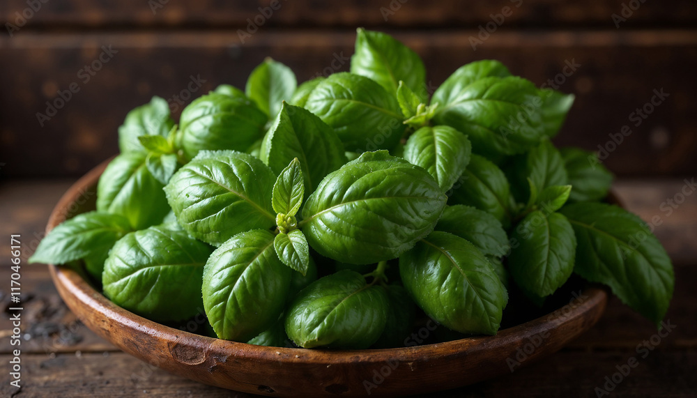 Fresh Basil Leaves in Wooden Bowl Fresh Basil Leaves in Wooden Bowl