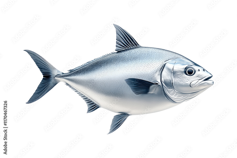 Obraz premium Closeup of a silver tuna fish with smooth scales, sharp fins and a sleek body isolated on white transparent background.